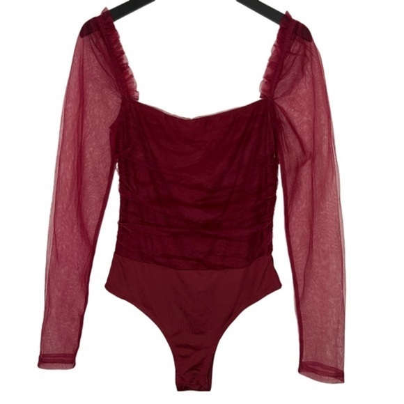 Lulus Burgundy Tulle Ruched Long Sleeve Bodice Bodysuit Size XS Party Night out - Picture 3 of 9